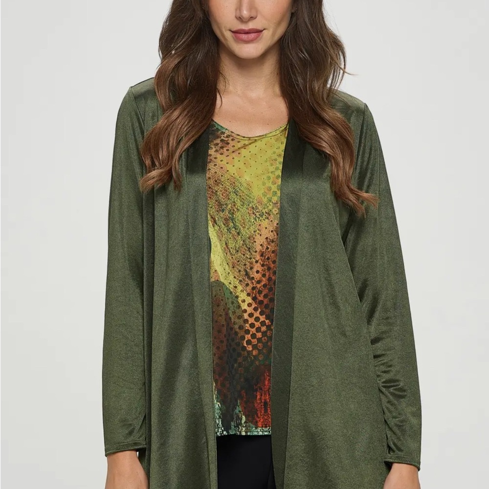 Green Open Front Cardigan, satin